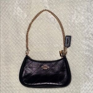 Coach Quilted Black Leather Shoulder Bag with Gold Chain